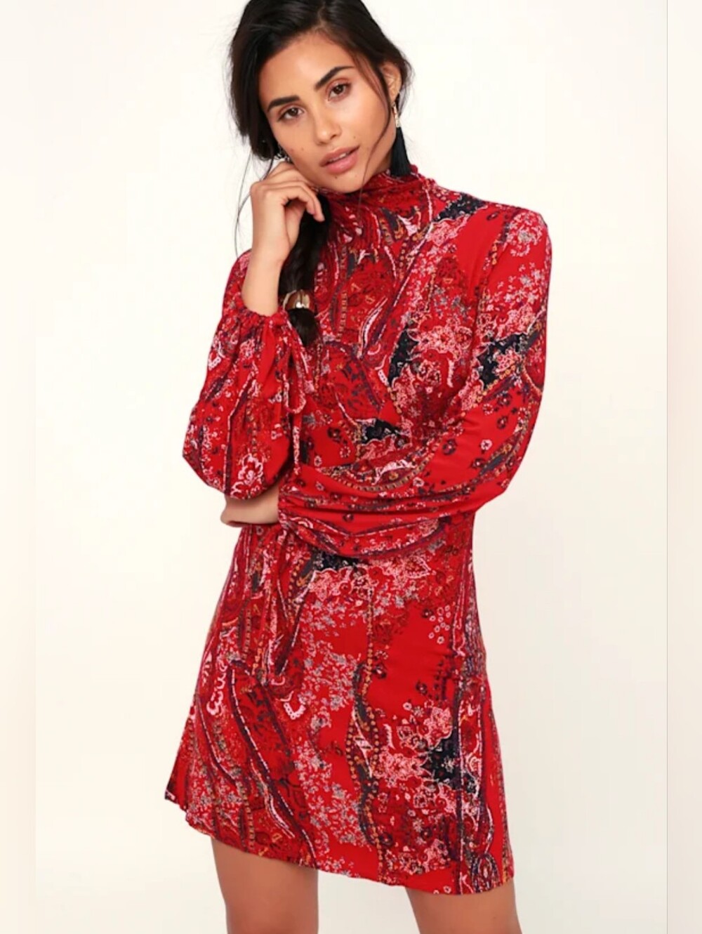 Free People All Dolled Up Red Paisley Mock Neck Open Back Mini Dress Size L